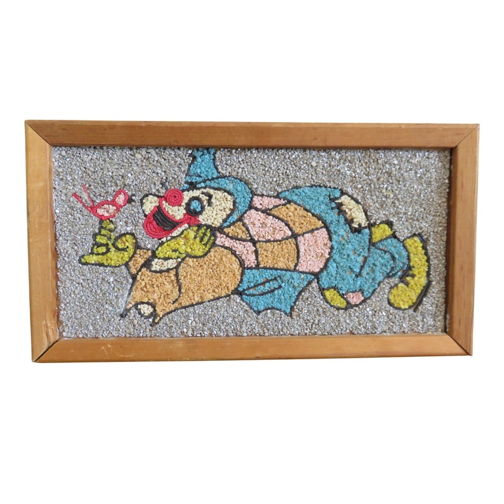 Vintage Gravel Pebble Art Clown with Bird Mid Century Modern Wall Decor‎ 13x7
